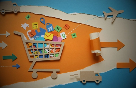 Ilustración de un carrito de compras online rodeado de íconos de envío y entrega