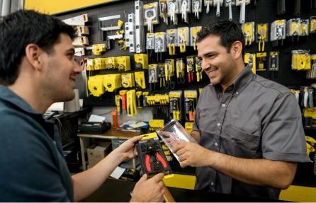 Vendedor de ferretería mostrando una herramienta a un cliente en el mostrador