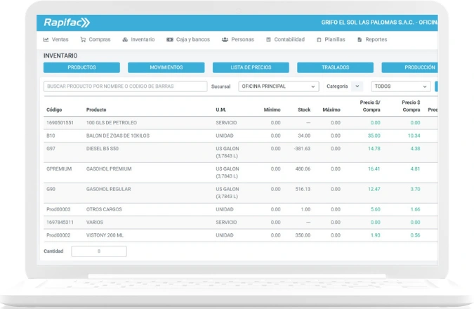 Gestión de inventario, stock y kárdex por combustible